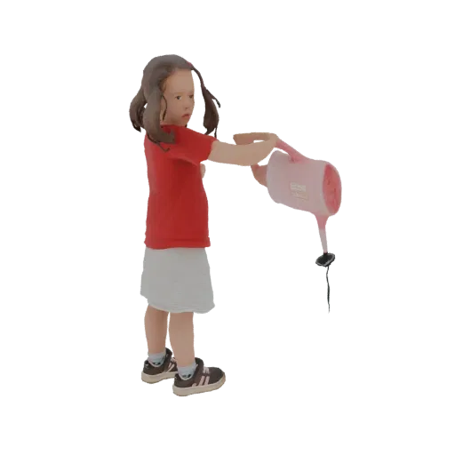3D-Modell eines jungen Mädchens mit braunen Haaren, rotem Shirt und weißem Rock, hält eine pinke Gießkanne und gießt eine Pfl