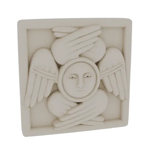 3D model of a cherubic angelic face with feathered wings and clasped hands, rendered in a detailed bas-relief style, isolated