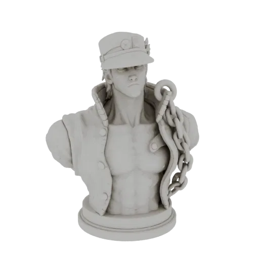 Busto modelo 3D de Jotaro Kujo de JoJo's Bizarre Adventure, representado con una expresión estoica y su icónico sombrero y ch