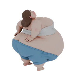 Uma renderização 3D de uma mulher estilizada e cheia com blusa branca e shorts azuis, olhando para cima.