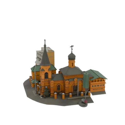 Modelo 3D de una iglesia ortodoxa naranja con tejado verde y campanario, sobre fondo blanco.