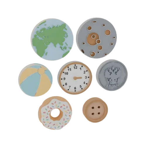 A 3D render of seven educational icons arranged in a cluster: Earth, Moon, clock, beach ball, donut, coin, and button.