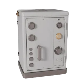 Moderner Schalterkasten 3D-Modell, Dreiviertel-Frontansicht, Unity-Viewport, zeigt Metallscharniere, Formdetails.