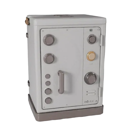 Modern Switch Box 3D model, three-quarter front view, Unity viewport, showing metal hinges, form detail.
