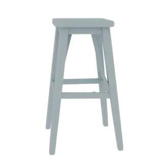 Un rendu 3D d'un tabouret de bar en bois bleu clair avec quatre pieds et un siège plat, présenté sur un fond blanc.