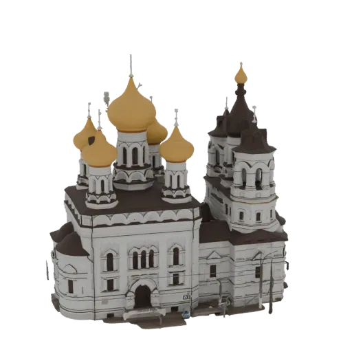Modelo 3D de uma igreja ortodoxa com múltiplas cúpulas douradas, paredes brancas e uma torre sineira detalhada, sobre um fund
