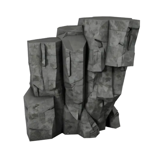 Modular Cliff Wall Low Poly 3D model, game viewport three-quarter view, showing stratified stone, rock faces.