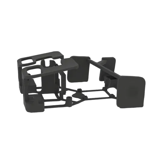 A 3D render of a dark gray chassis frame, showcasing its intricate structural components and mechanical design.
