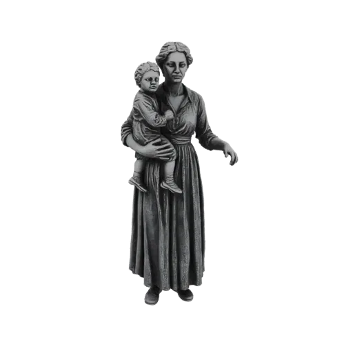 3D model of a mother holding her child, depicted in a classic, stoic statue style.