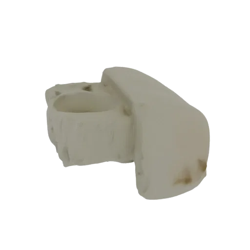 A 3D render of an abstract organic sculpture with flowing, matte, stone-like textures and curved forms.