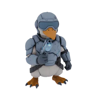3D model of a duck character in futuristic armor holding a blaster, with a grey helmet and orange beak.
