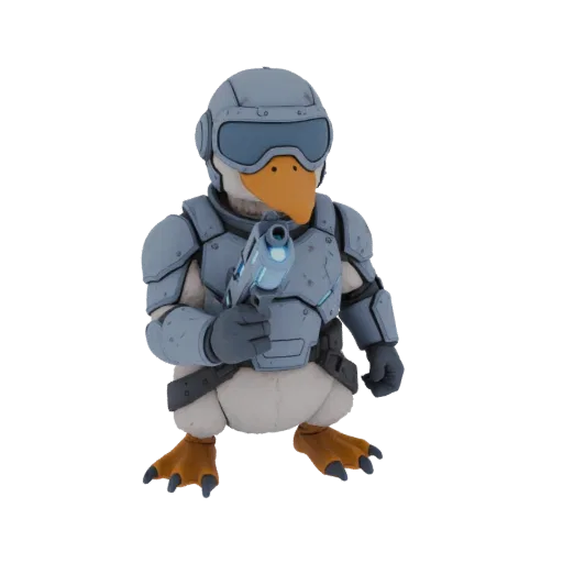 Modelo 3D de um personagem pato em armadura futurista segurando um blaster, com capacete cinza e bico laranja.
