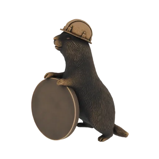 3D model of a bronze otter wearing a hard hat and holding a round plaque, against a white background.