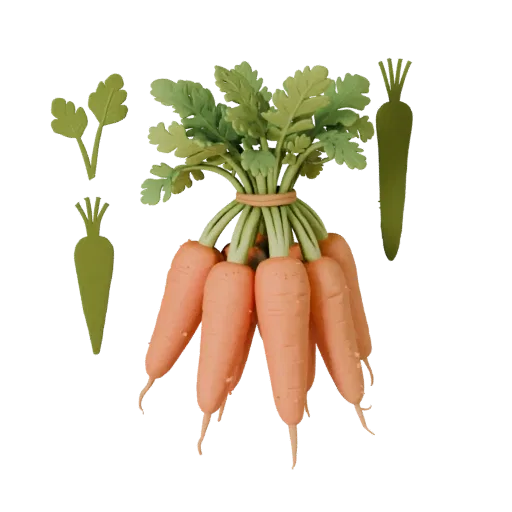 Garden Carrot Bunch Product Viz 3D model, three-quarter studio product render, showing leaf veins, form detail.