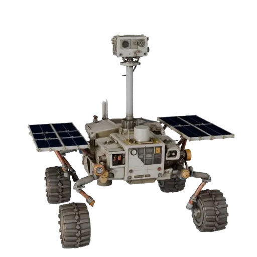 Prospector Planetary Rover Realistic 3D model, three-quarter studio render, showing dusty wheels, vehicle stance.