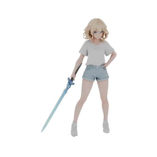 3D model of a blonde anime girl with blue eyes, wearing a white t-shirt and denim shorts, holding a glowing blue sword.
