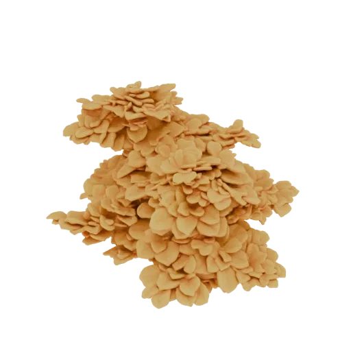 A 3D render of an abstract cluster of overlapping, petal-like forms in a sandy-beige color against a white background.