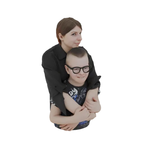 3D model of a mother with short brown hair hugging her young son who is wearing glasses.