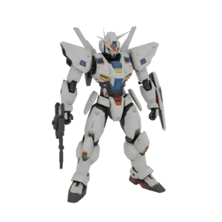 3D model of a white futuristic mech in full height, holding a rifle, on a white background.