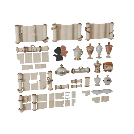 Market Scroll Bundle High Poly 3D model, close-up studio render, showing paper-like cards, small readable forms.