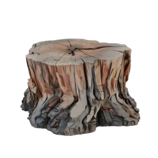 Rendu d'un modèle 3D de souche d'arbre réaliste avec un grain de bois détaillé et une texture patinée, présenté sur fond blan
