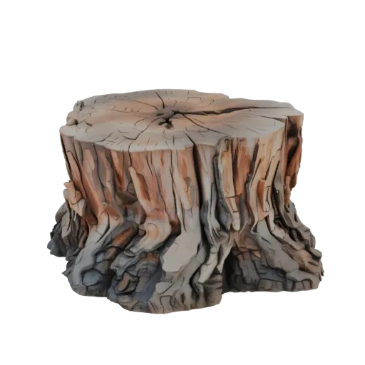 A 3D model render of a realistic tree stump with detailed wood grain and a weathered texture, presented on a white background