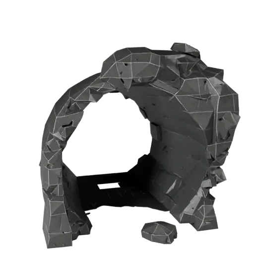 Mine Tunnel Segment Low Poly 3D model, game viewport three-quarter view, showing aged stone, built remnants.