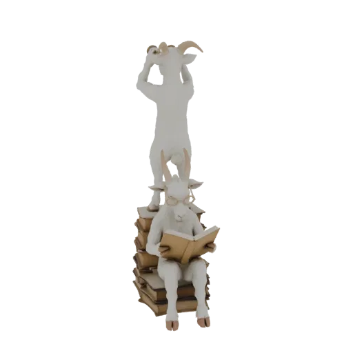 3D model of two white goats stacked on books; the bottom goat wears glasses and reads a book, the top goat looks through a te