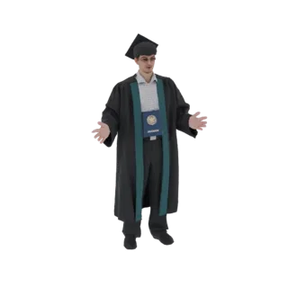 Modelo 3D de um jovem em beca e capelo de formatura, segurando um diploma com os braços estendidos.