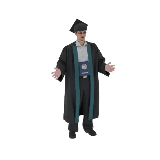 3D-Modell eines jungen Mannes in Abschlussrobe und -hut, der mit ausgestreckten Armen ein Diplom hält.