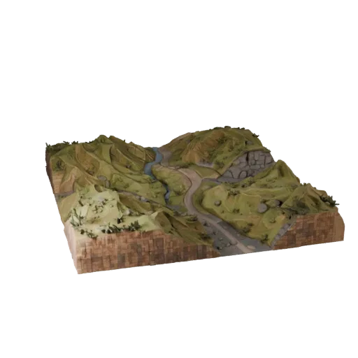 Modular Riverbank Terrain Realistic 3D model, three-quarter environment render, showing layered soil, water edges.