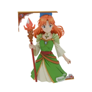 3D model of an anime sorceress with orange hair, green dress, holding a crystal staff, standing on an ornate base.