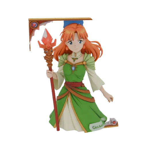 3D model of an anime sorceress with orange hair, green dress, holding a crystal staff, standing on an ornate base.