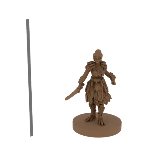 3D model render of a female warrior in detailed armor, holding a sword, standing on a circular base.