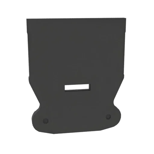 3D render of a dark gray rectangular bracket with a central horizontal slot and two pivoting arms at the base, against a blac