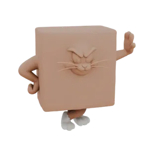 3D-Modell einer mürrischen Katze mit würfelförmigem Körper, ausdrucksstarkem Gesicht und stilisierten Gliedmaßen, präsentiert