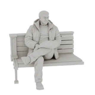 Modelo 3D de um homem com jaqueta acolchoada sentado em um banco de parque, visto de lado.
