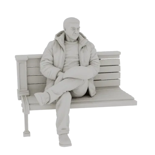 3D model of a man in a padded jacket sitting on a park bench, viewed from the side.