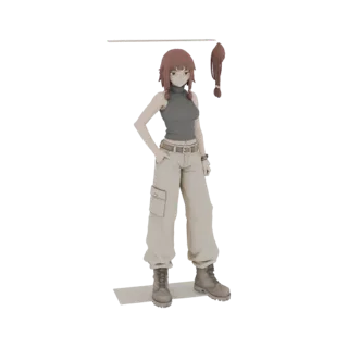 3D model of an anime girl with braided pigtails, wearing a grey tank top and beige cargo pants, standing with hands on hips.