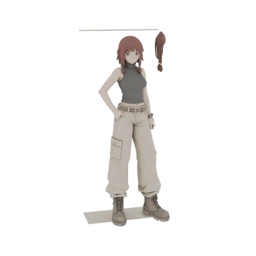 Modèle 3D d'une fille anime avec des tresses, portant un débardeur gris et un pantalon cargo beige, debout, mains sur les han