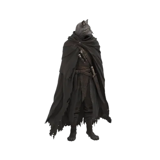 3D model of a mysterious feline warrior wearing a tattered dark cloak and holding a dagger, with a cat's head.