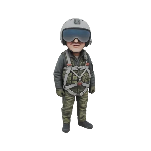 3D model of a stylized pilot figure wearing a white helmet with blue-tinted goggles and a green flight suit with a harness.