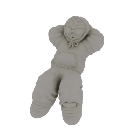 3D model of a stylized figure in a relaxed pose, wearing a grey hoodie and large sunglasses, with hands behind its head.