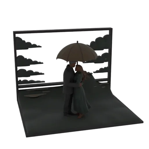 3D model of a couple embracing under a brown umbrella with a stylized cloudy sky backdrop, presented as a diorama.