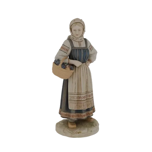 3D model render of a woman in traditional folk costume holding a basket with flowers.