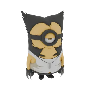 3D model of a Minion character dressed as Wolverine, featuring spiky black hair, claws, and a white tank top.