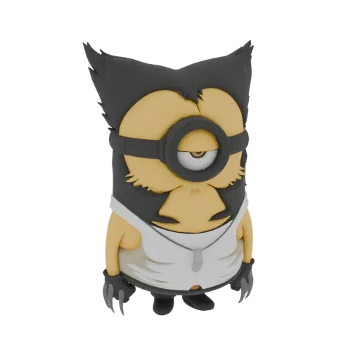 3D-Modell eines Minions als Wolverine, mit stacheligem schwarzem Haar, Krallen und einem weißen Tanktop.