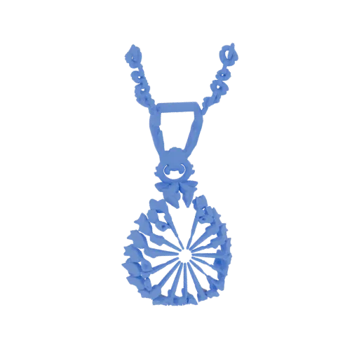 3D model of a blue, ornate teardrop pendant with intricate floral and leaf designs, suspended from a detailed chain.