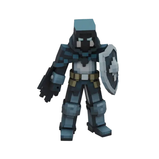 Modèle 3D d'un chevalier fantastique en armure bleu foncé et grise, tenant un bouclier, avec des yeux bleus lumineux.