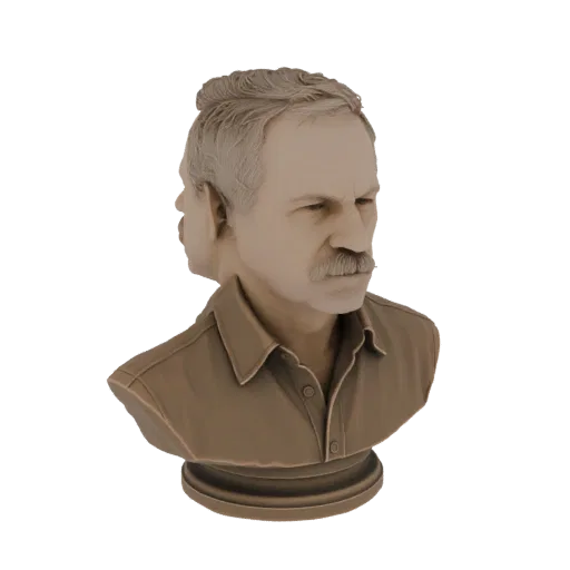 3D model render of a bronze-colored bust of a man with two faces, one in profile and one facing forward, wearing a collared s